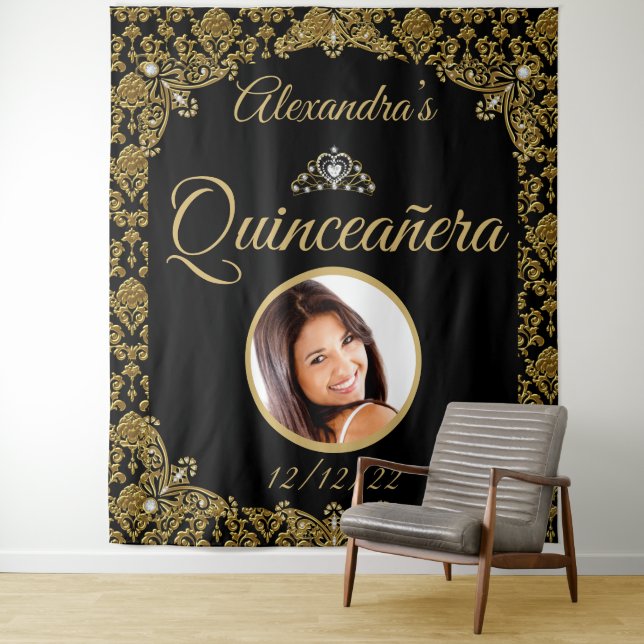 Quinceanera Foto Black Gold Damask Tiara Geburtsta Wandteppich (Beispiel)