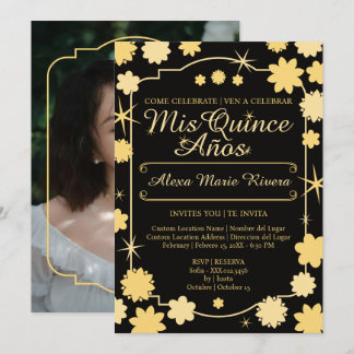 Quinceanera-Foto Floral Gold Silber Rosé Glam Einladung
