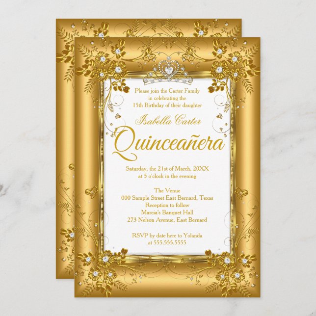 Quinceanera Foto Gold Diamond Tiara Party Einladung (Vorne/Hinten)