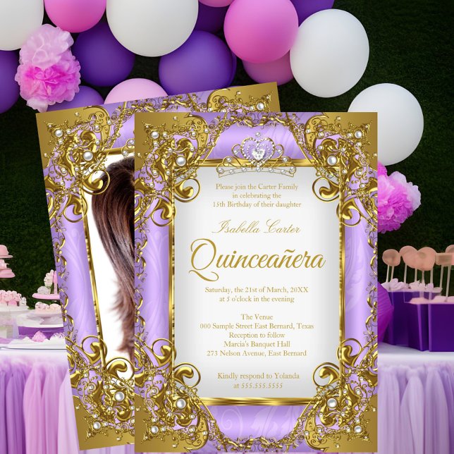 Quinceanera Foto Lila White Golden Pearl Tiara Einladung (Von Creator hochgeladen)