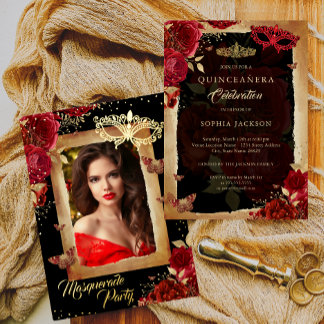 Quinceanera Foto Masquerade Party Rote Rose Gold Folieneinladung
