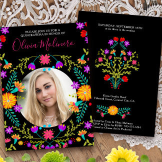 Quinceanera Foto Mexican Fiesta Floral Black Einladung