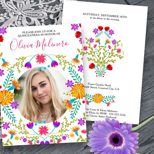 Quinceanera Foto Mexican Fiesta Floral White Einladung (Quinceanera Photo Invitation from Mexican Fiesta Flowers Quinceanera Collection -printed or digital)