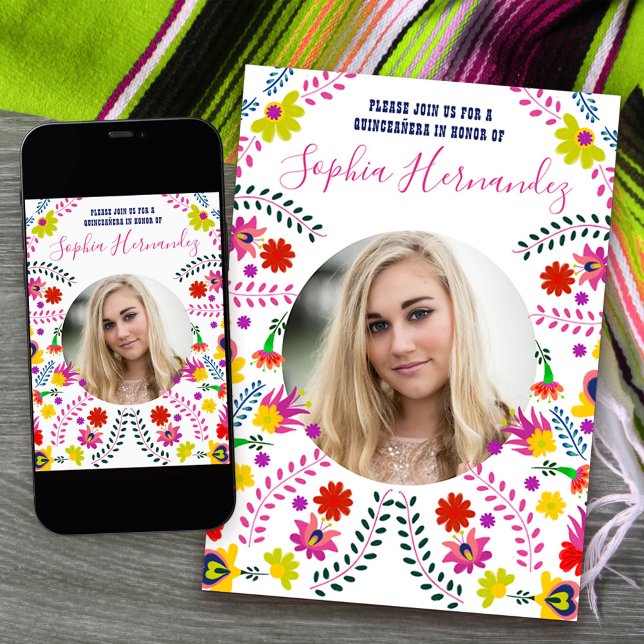 Quinceanera Foto Mexican Fiesta Party White Einladung (Quinceanera Invitation with photo from my Mexican Fiesta Party collection)