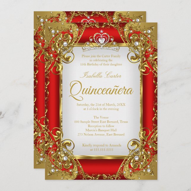 Quinceanera Foto Red Golden Pearl Tiara Party Einladung (Vorne/Hinten)