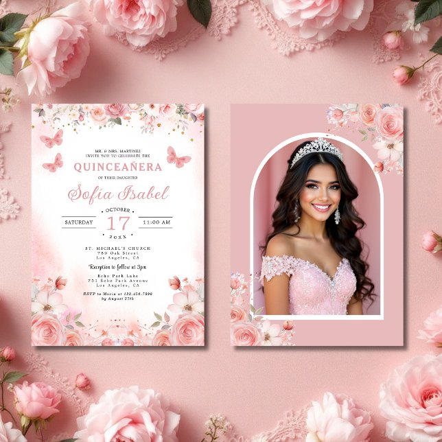 Quinceañera Foto Rosa Rosa Rosa Blütenblume Einladung (Von Creator hochgeladen)