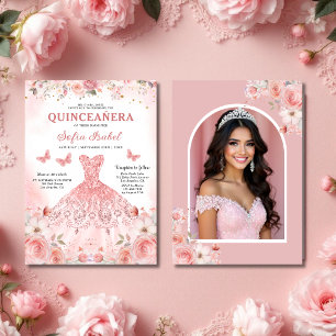 Quinceañera Foto Rosa Rosa Rosa Blütenblume Einladung