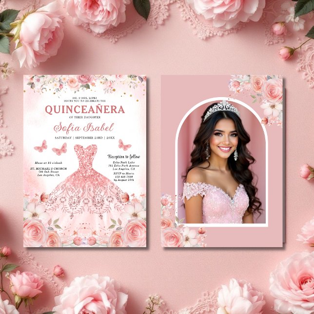Quinceañera Foto Rosa Rosa Rosa Blütenblume Einladung (Von Creator hochgeladen)