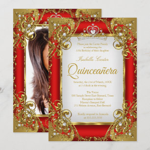 Quinceanera Foto Rot Goldene Perlen Tiara Party Einladung