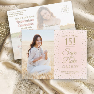 Quinceañera Foto Save the Date Pink Gold Glitzer Einladungspostkarte