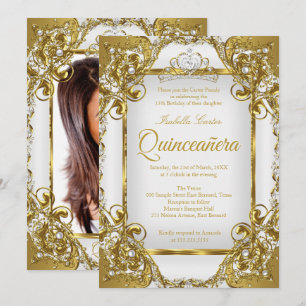 Quinceanera-Foto Weiße Goldene Perlen-Tiara Party Einladung