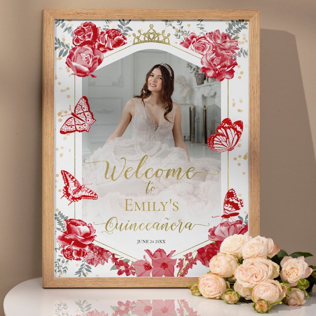 Quinceanera Foto Welcome Sign Red Floral Gold Poster (Von Creator hochgeladen)