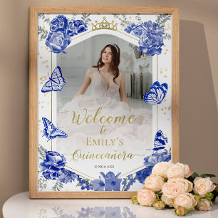 Quinceanera Foto Welcome Sign Royal Blue Floral Poster
