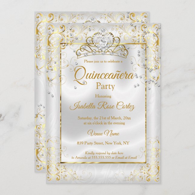 Quinceanera Foto White Gold Tiara Diamond Herz Einladung (Vorne/Hinten)