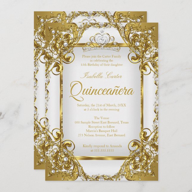 Quinceanera Foto White Golden Pearl Tiara Party Einladung (Vorne/Hinten)