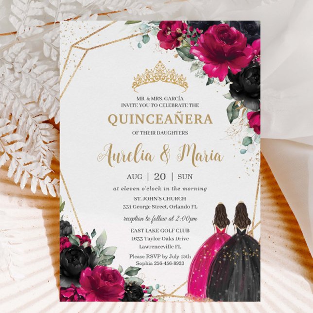 Quinceañera Fuchsia Black Floral Twins Gold Einladung (Von Creator hochgeladen)