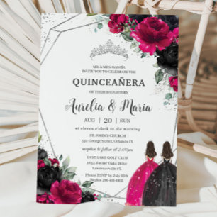 Quinceañera Fuchsia Black Floral Twins Silver Einladung