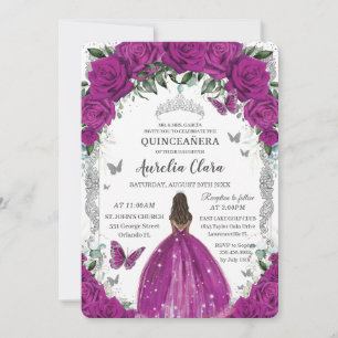 Quinceanera Fuchsia Floral Vintag Silber Brown Einladung