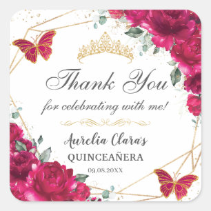 Quinceañera Fuchsia Hot Pink Floral Butterfliegen Quadratischer Aufkleber