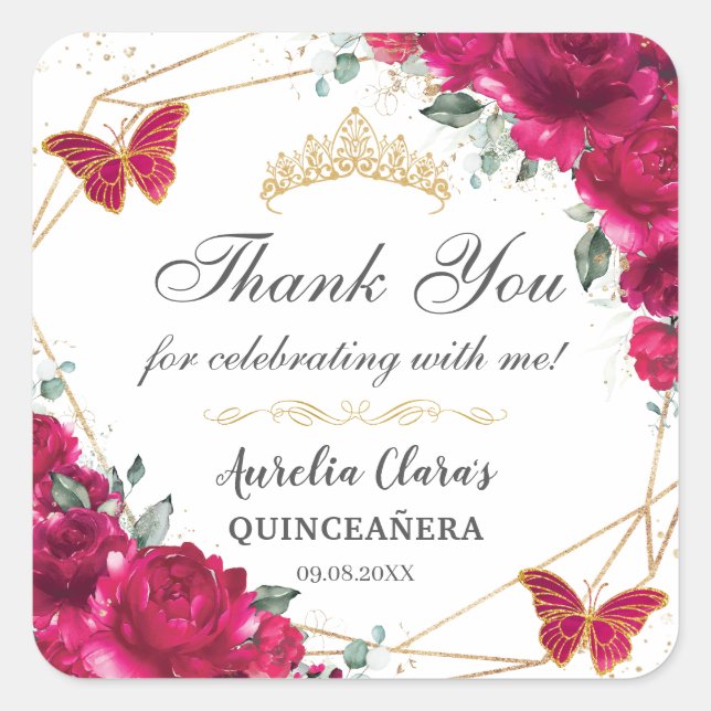 Quinceañera Fuchsia Hot Pink Floral Butterfliegen Quadratischer Aufkleber (Vorderseite)