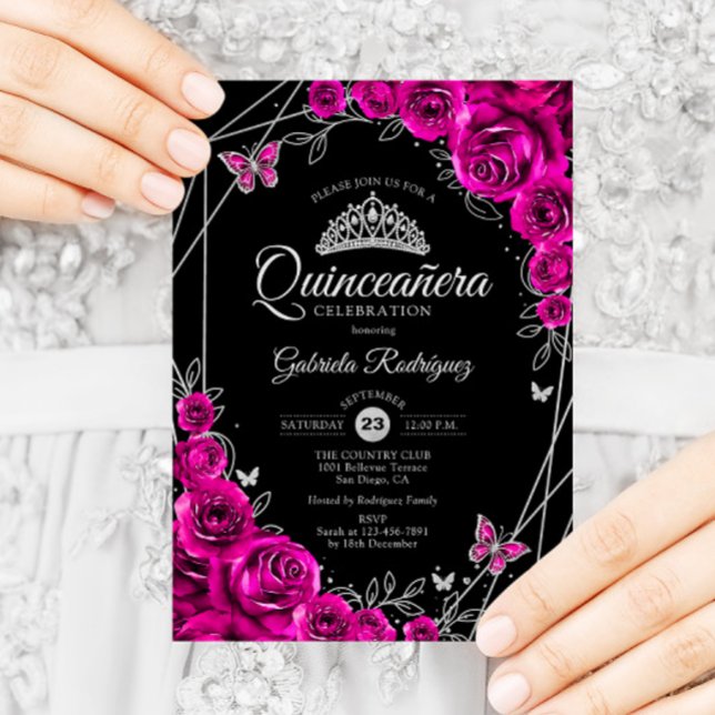 Quinceanera Fuchsia Pink Black Silver Floral Einladung (Von Creator hochgeladen)