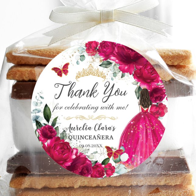 Quinceañera Fuchsia Pink Blumenprinzessin Gown Gol Runder Aufkleber (Von Creator hochgeladen)