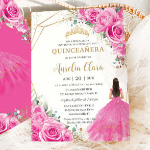 Quinceañera Fuchsia Pink Floral Princess Gold Einladung