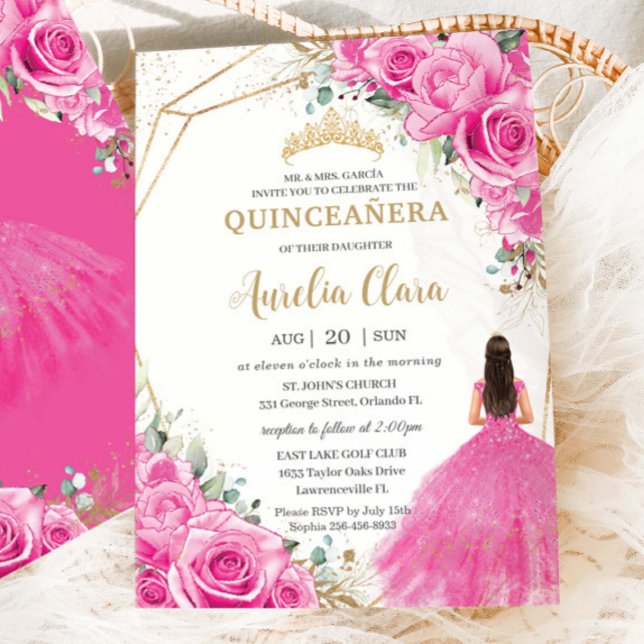 Quinceañera Fuchsia Pink Floral Princess Gold Einladung (Von Creator hochgeladen)