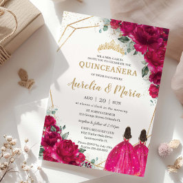 Quinceañera Fuchsia Pink Floral Twins Prinzessinne Einladung