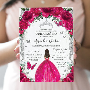 Quinceañera Fuchsia Pink Floral Vintag Silber Einladung