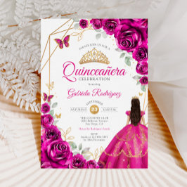 Quinceanera Fuchsia Pink Gold Dress Einladung
