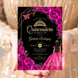 Quinceanera Fuchsia Pink Gold Dress Floral Einladung
