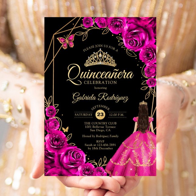 Quinceanera Fuchsia Pink Gold Dress Floral Einladung (Von Creator hochgeladen)