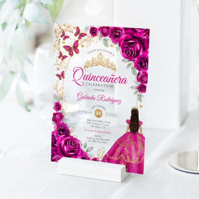 Quinceanera Fuchsia Pink Gold Floral Acryleinladungen (Von Creator hochgeladen)