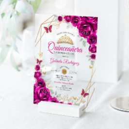Quinceanera Fuchsia Pink Gold Floral Acryleinladungen