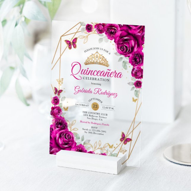 Quinceanera Fuchsia Pink Gold Floral Acryleinladungen (Von Creator hochgeladen)