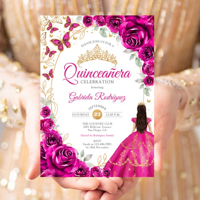Quinceanera Fuchsia Pink Gold Floral Einladung (Von Creator hochgeladen)