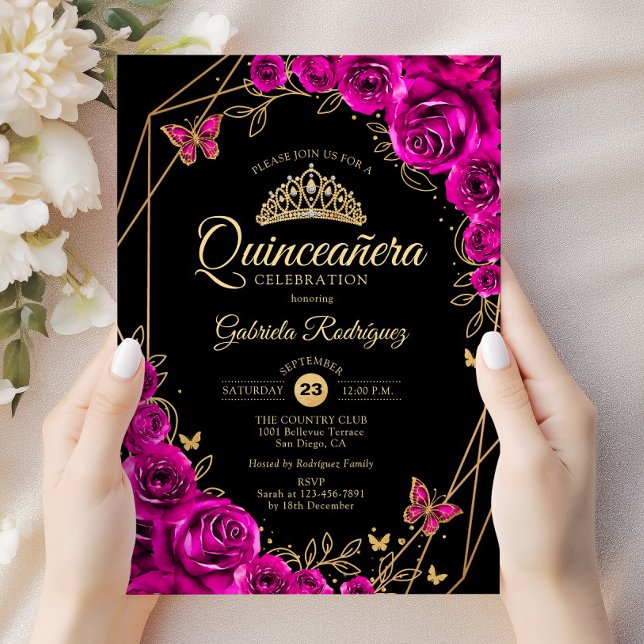 Quinceanera Fuchsia Pink Schwarzes Gold Einladung (Von Creator hochgeladen)