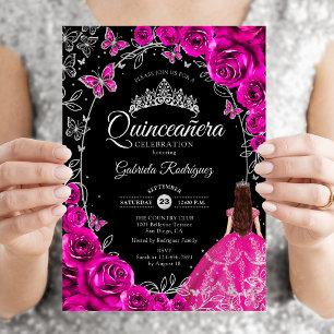 Quinceanera Fuchsia Pink Silver Black Einladung