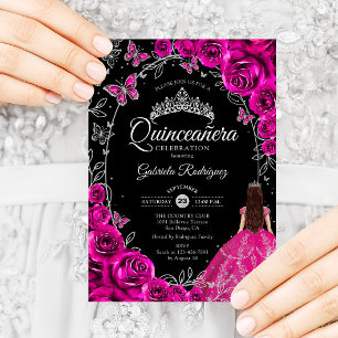 Quinceanera Fuchsia Pink Silver Black Einladung