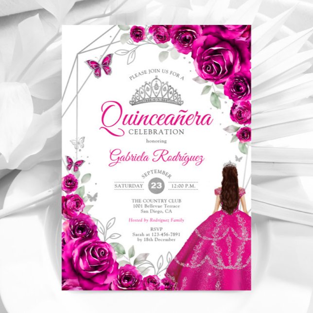 Quinceanera Fuchsia Pink Silver Dress Einladung (Von Creator hochgeladen)