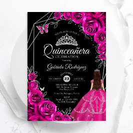 Quinceanera Fuchsia Pink Silver Dress Floral Einladung