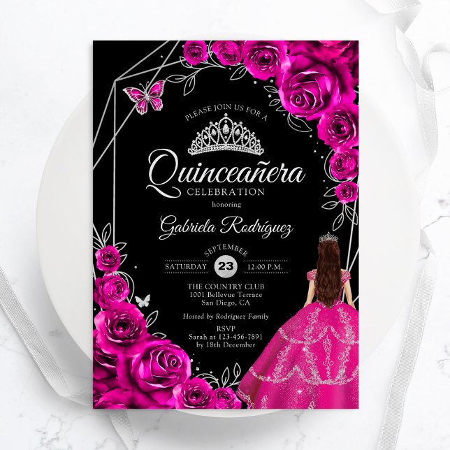 Quinceanera Fuchsia Pink Silver Dress Floral Einladung (Von Creator hochgeladen)