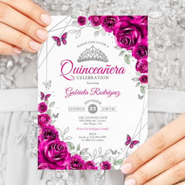 Quinceanera Fuchsia Pink Silver Floral Einladung (Von Creator hochgeladen)