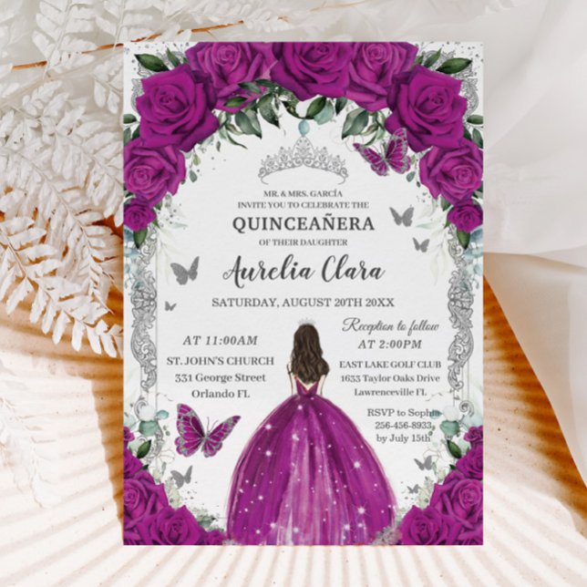 Quinceañera Fuchsia Rose Vintages Silber Einladung (Von Creator hochgeladen)