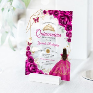 Quinceanera Fuchsienrosa Gold Kleid Acryleinladungen
