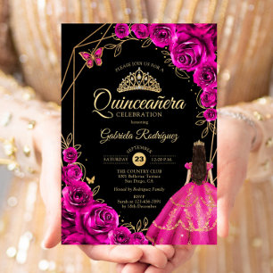 Quinceanera Fuchsienrosa Gold Kleid Floral Einladung