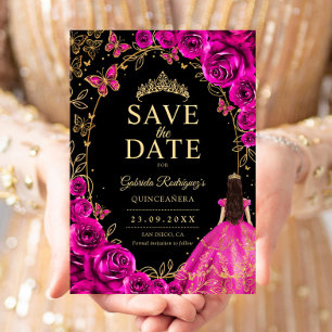Quinceanera Fuchsienrosa Schwarz Gold Save The Date