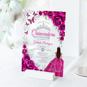 Quinceanera Fuchsienrosa Silber Blumen Acryleinladungen