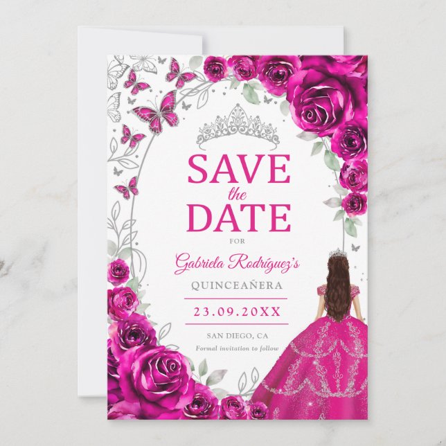 Quinceanera Fuchsienrosa Silber Blumen Save The Date (Vorderseite)